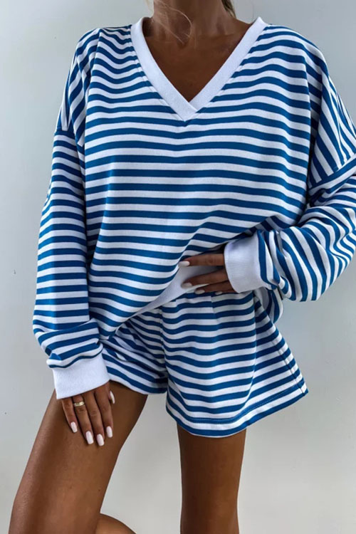 Nonnadress Casual Striped V-Neck Loose Top Shorts Two-piece Set
