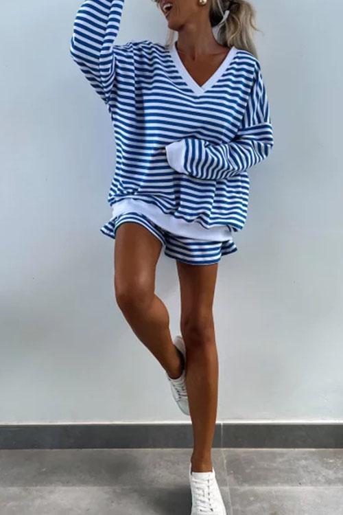 Nonnadress Casual Striped V-Neck Loose Top Shorts Two-piece Set