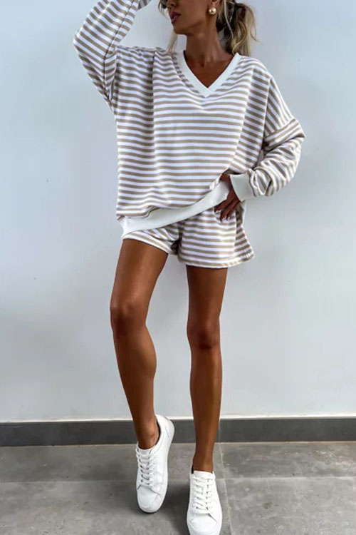 Nonnadress Casual Striped V-Neck Loose Top Shorts Two-piece Set