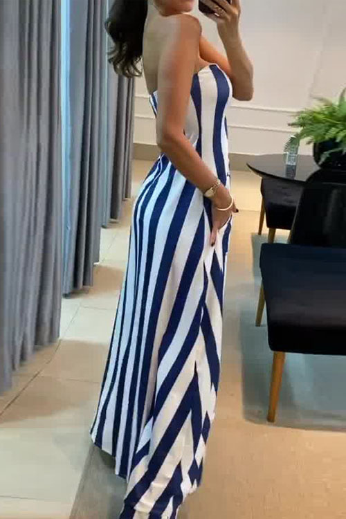 Nonnadress Striped Midriff-Baring Bandeau Top & Skirt Set