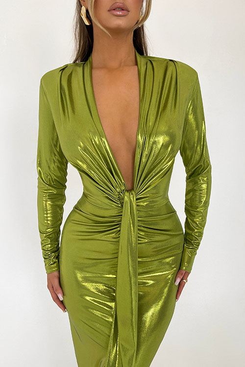 Nonnadress Coated V-Neck Patchwork Pleated Bodycon Leather Dress