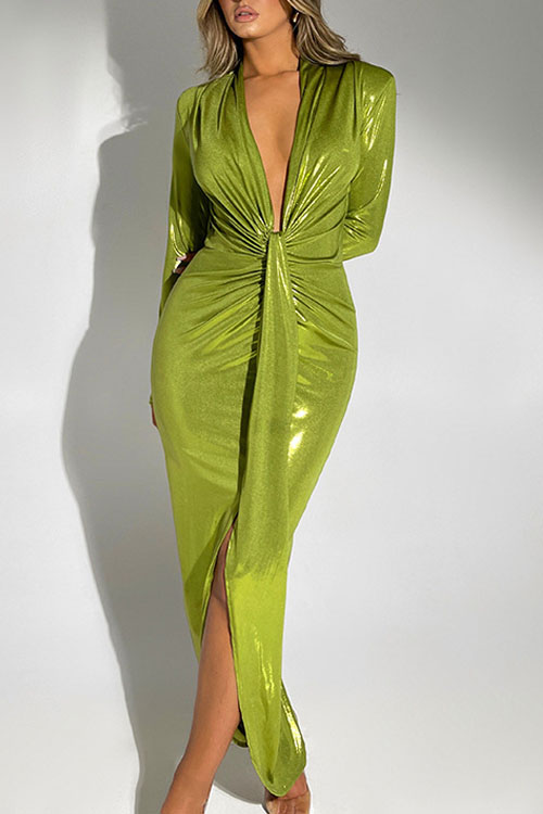 Nonnadress Coated V-Neck Patchwork Pleated Bodycon Leather Dress