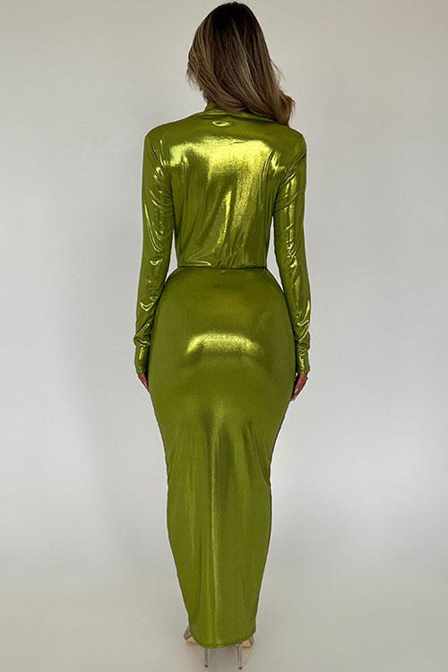 Nonnadress Coated V-Neck Patchwork Pleated Bodycon Leather Dress