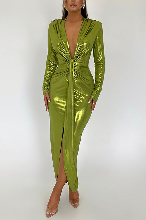 Nonnadress Coated V-Neck Patchwork Pleated Bodycon Leather Dress