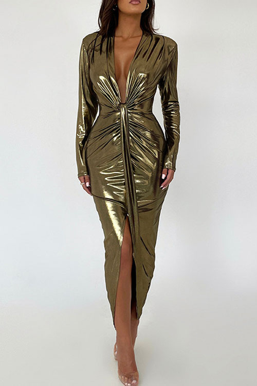 Nonnadress Coated V-Neck Patchwork Pleated Bodycon Leather Dress