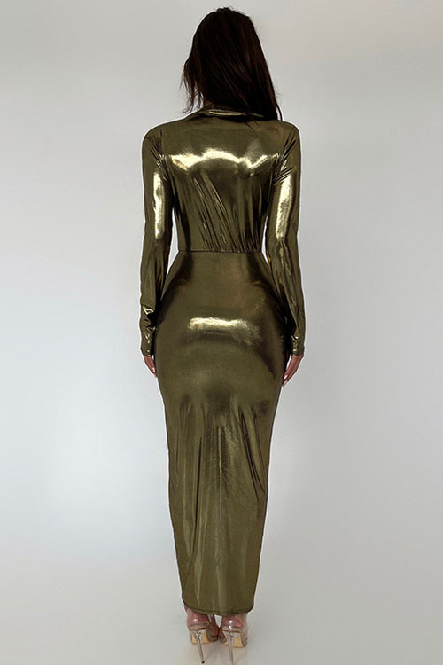 Nonnadress Coated V-Neck Patchwork Pleated Bodycon Leather Dress