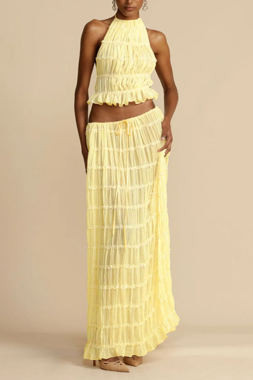 Nonnadress Backless Lace Up Hanging Neck Top Set Wooden Ear Chiffon Pleated Long Skirt Two-piece Set