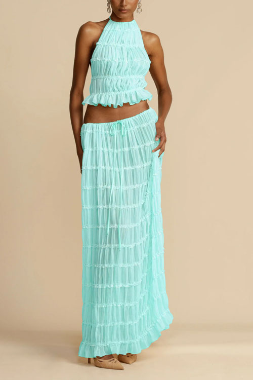 Nonnadress Backless Lace Up Hanging Neck Top Set Wooden Ear Chiffon Pleated Long Skirt Two-piece Set