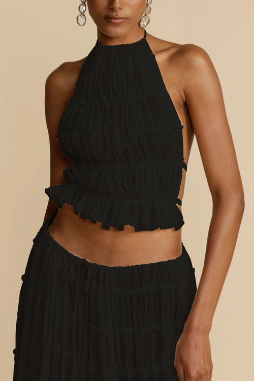 Nonnadress Backless Lace Up Hanging Neck Top Set Wooden Ear Chiffon Pleated Long Skirt Two-piece Set