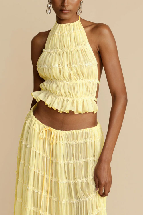 Nonnadress Backless Lace Up Hanging Neck Top Set Wooden Ear Chiffon Pleated Long Skirt Two-piece Set