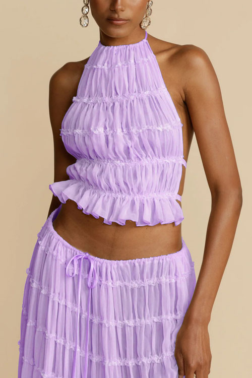 Nonnadress Backless Lace Up Hanging Neck Top Set Wooden Ear Chiffon Pleated Long Skirt Two-piece Set