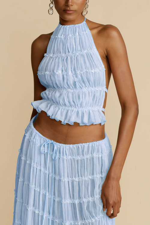 Nonnadress Backless Lace Up Hanging Neck Top Set Wooden Ear Chiffon Pleated Long Skirt Two-piece Set