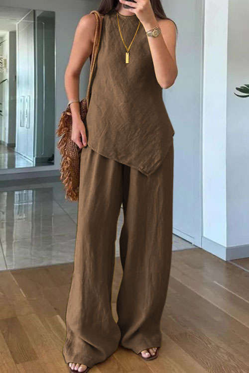 Nonnadress Casual Sleeveless top Pocket Pants Cotton Multicolor Two-piece