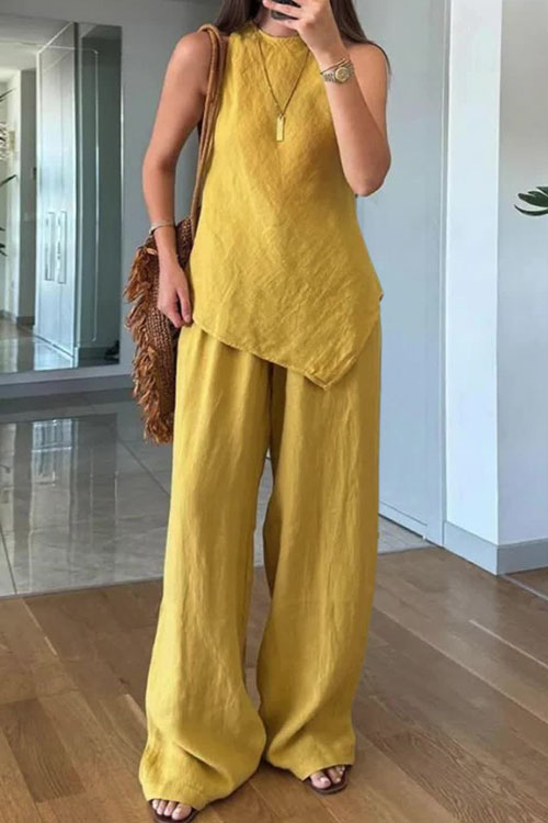 Nonnadress Casual Sleeveless top Pocket Pants Cotton Multicolor Two-piece