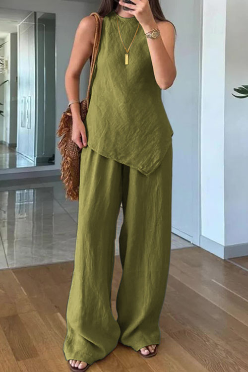 Nonnadress Casual Sleeveless top Pocket Pants Cotton Multicolor Two-piece