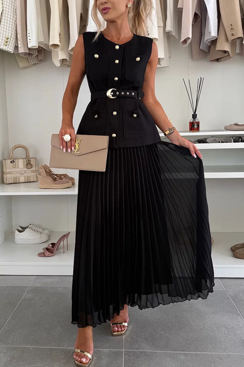 Nonnadress Sleeveless Chanel style vest mesh pleated skirt two-piece suit