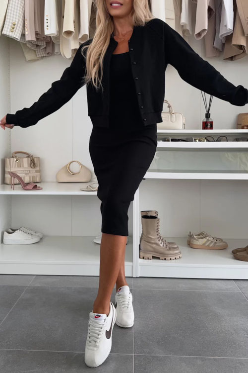 Nonnadress Solid color buttoned cardigan slim dress two piece set