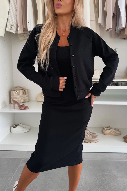 Nonnadress Solid color buttoned cardigan slim dress two piece set