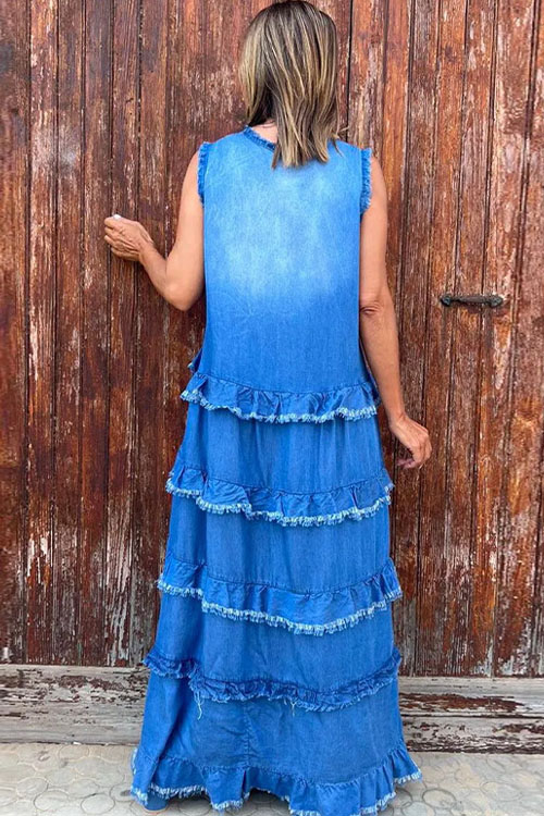 Nonnadress Solid color V-neck fashionable frayed edge stitching denim dress