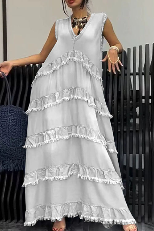 Nonnadress Solid color V-neck fashionable frayed edge stitching denim dress