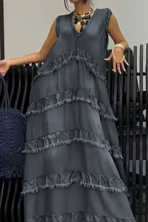 Nonnadress Solid color V-neck fashionable frayed edge stitching denim dress