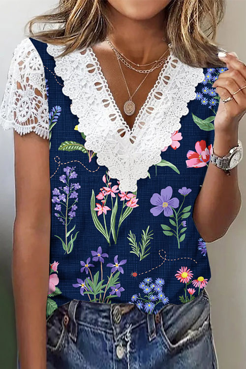 Nonnadress Printed V-neck Loose Lace T-shirt