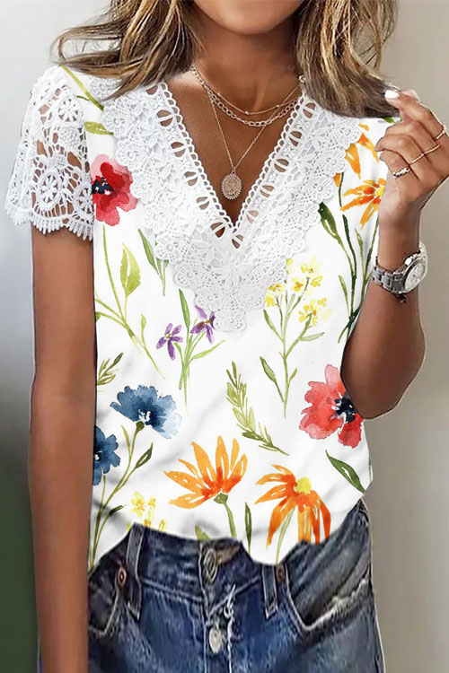 Nonnadress Printed V-neck Loose Lace T-shirt