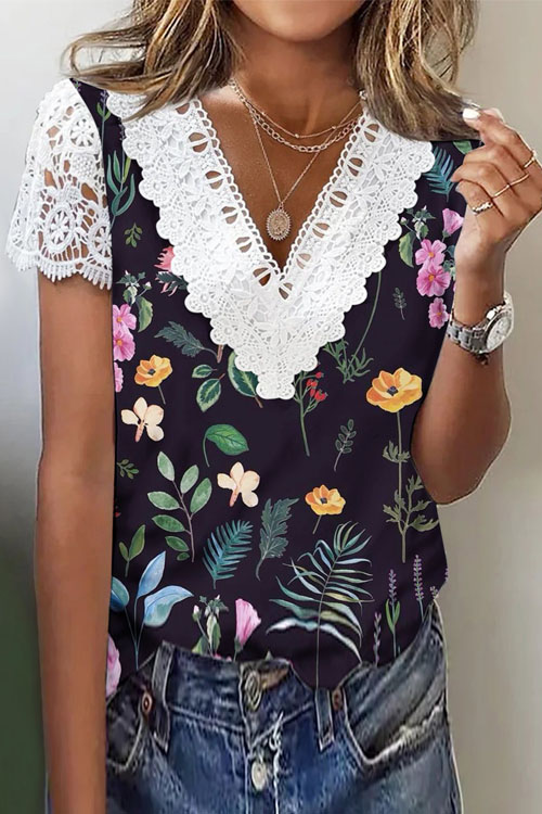 Nonnadress Printed V-neck Loose Lace T-shirt