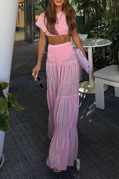 Nonnadress Pleated top and pink long skirt two-piece suit
