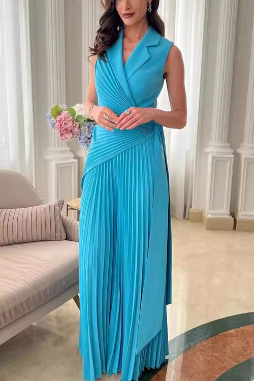 Nonnadress Lapel Multi-pleated Solid Color Wide-leg Jumpsuit