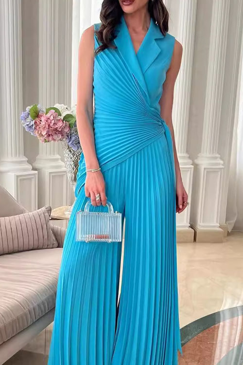 Nonnadress Lapel Multi-pleated Solid Color Wide-leg Jumpsuit