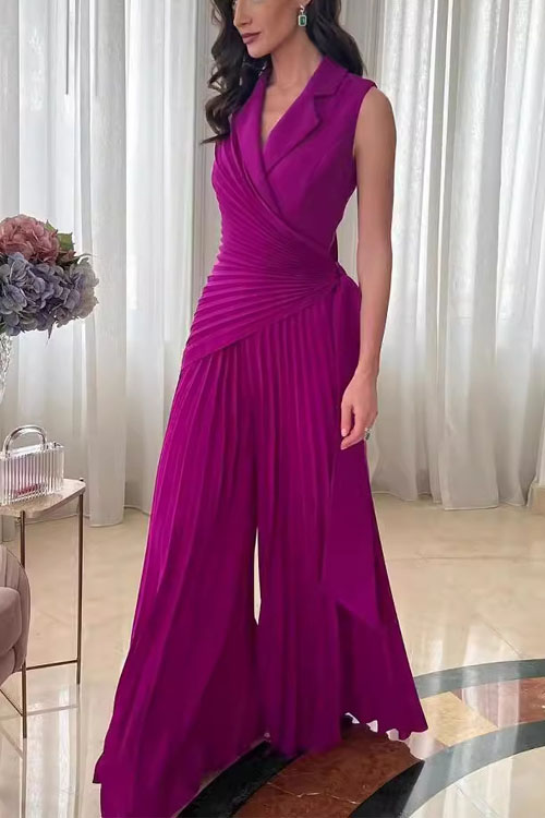 Nonnadress Lapel Multi-pleated Solid Color Wide-leg Jumpsuit
