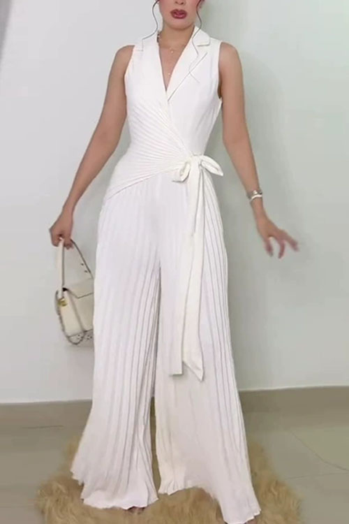 Nonnadress Lapel Multi-pleated Solid Color Wide-leg Jumpsuit