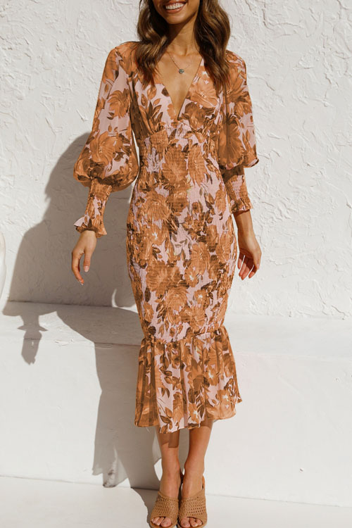 Kathiadress Long sleeved V-neck printed ruffle dress