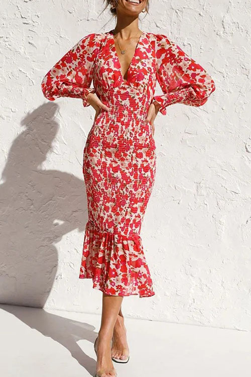 Kathiadress Long sleeved V-neck printed ruffle dress