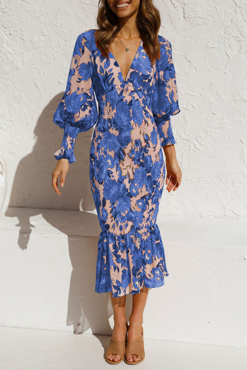 Kathiadress Long sleeved V-neck printed ruffle dress