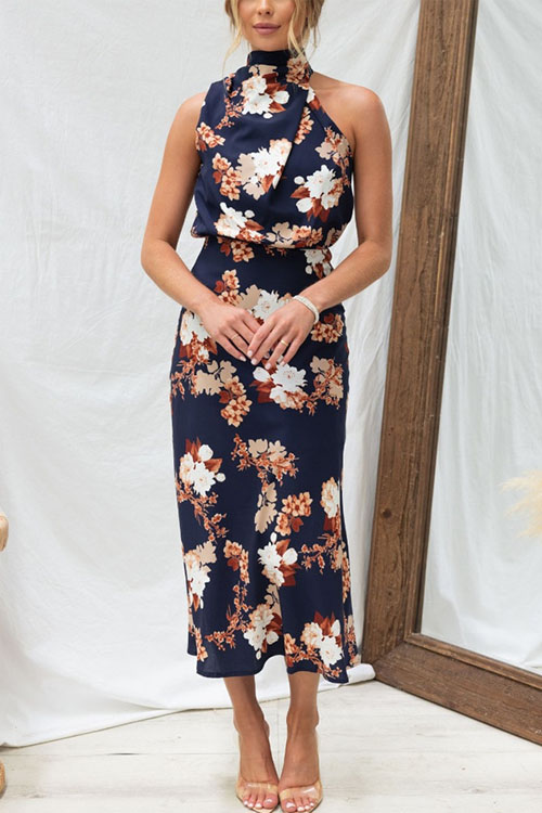 Kathiadress Temperament Sleeveless Hanging Neck Printed Satin Dress