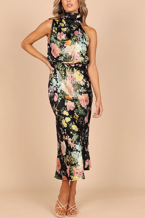 Kathiadress Temperament Sleeveless Hanging Neck Printed Satin Dress