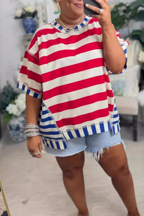 Nonnadress Loose casual striped patchwork T-shirt