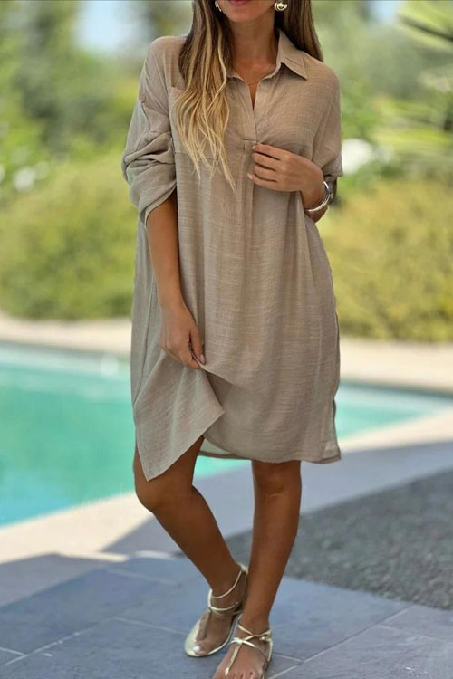 Nonnadress Loose Beach Solid Color Cotton and Linen Shirt Dress