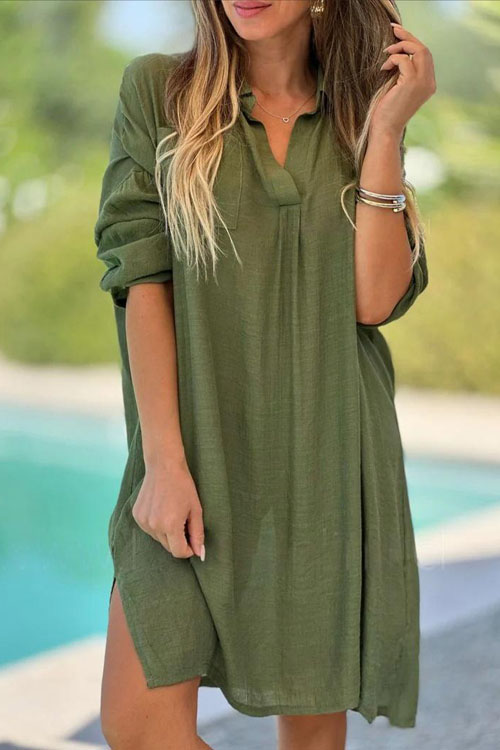 Nonnadress Loose Beach Solid Color Cotton and Linen Shirt Dress