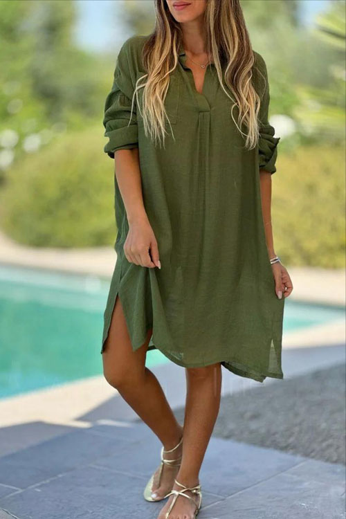 Nonnadress Loose Beach Solid Color Cotton and Linen Shirt Dress