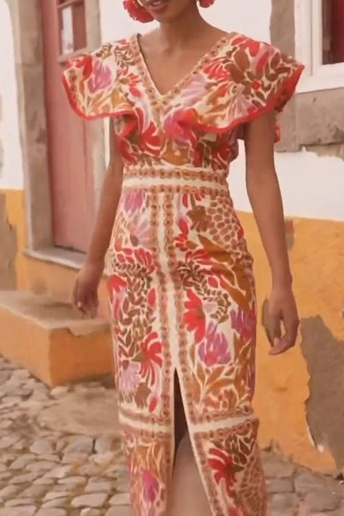 Nonnadress V-neck ruffled slit floral backless dress