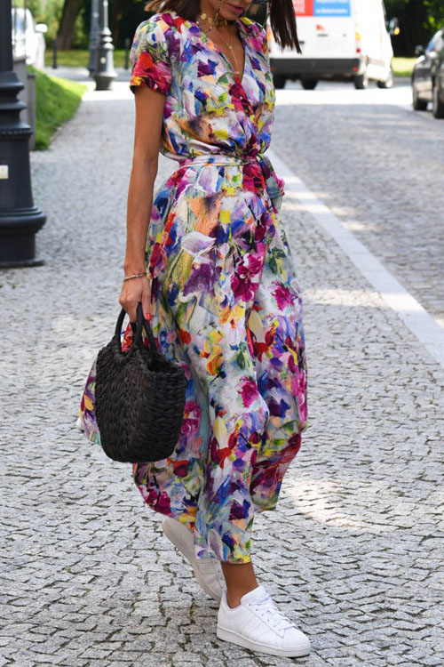 Nonnadress New V-neck printed lace-up dress