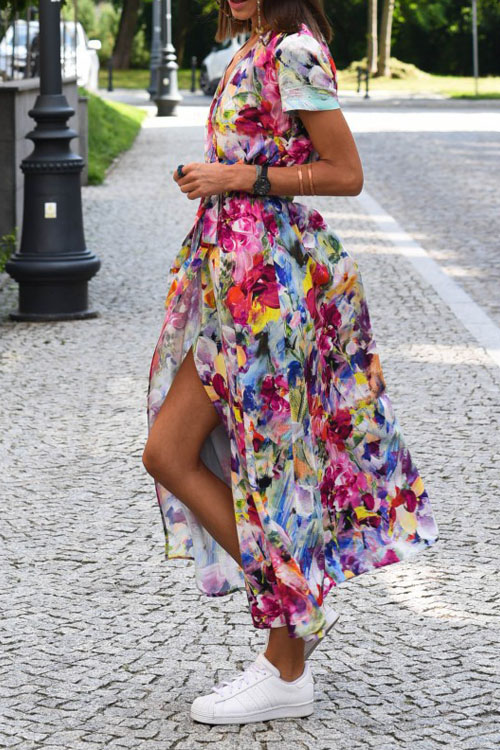 Nonnadress New V-neck printed lace-up dress