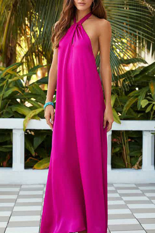 Nonnadress Sleeveless halter neck backless solid color dress