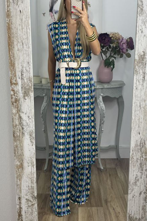 Nonnadress Printed Sleeveless Long Top & Straight-leg Pants Two-piece Set