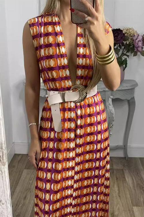 Nonnadress Printed Sleeveless Long Top & Straight-leg Pants Two-piece Set