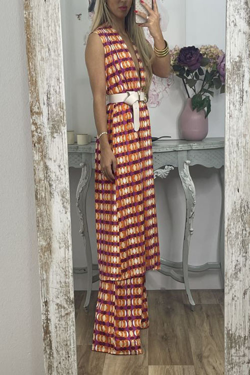 Nonnadress Printed Sleeveless Long Top & Straight-leg Pants Two-piece Set