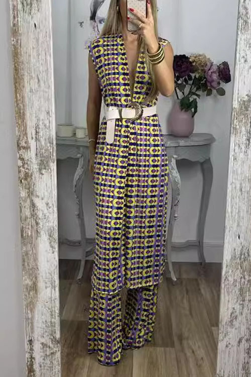 Nonnadress Printed Sleeveless Long Top & Straight-leg Pants Two-piece Set